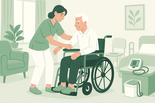 Carer helping an elderly person into a wheelchair in a calm home setting with medical equipment like a bed rail, commode, and blood pressure monitor in the background.
