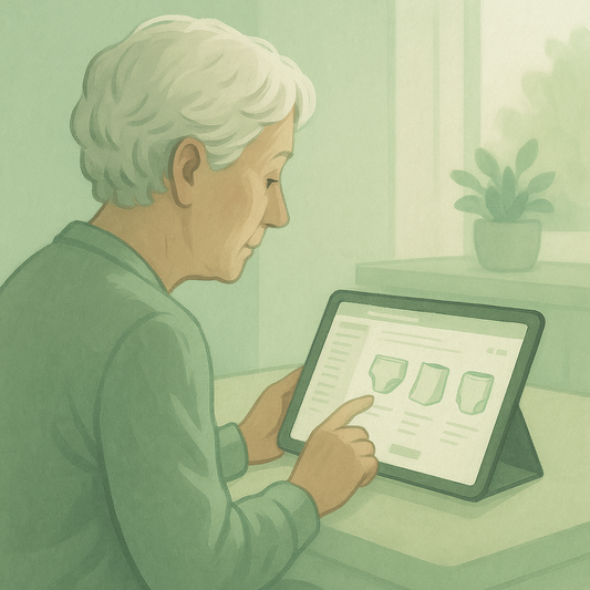 Elderly person searching for trusted incontinence products online in a calm, supportive setting. 