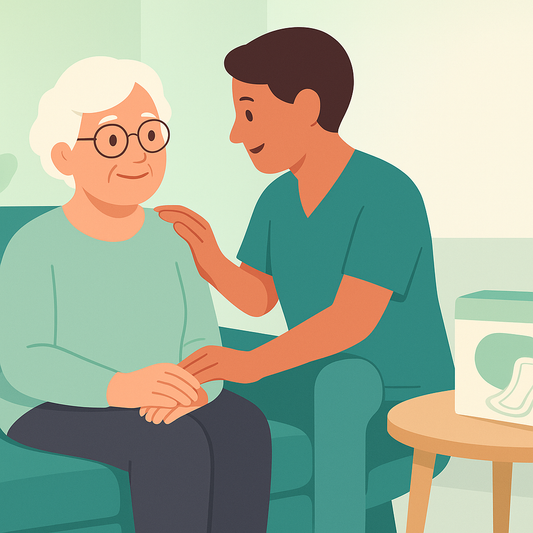 Elderly person with carer at home showing support and dignity, illustrating incontinence pad rash Australia prevention tips